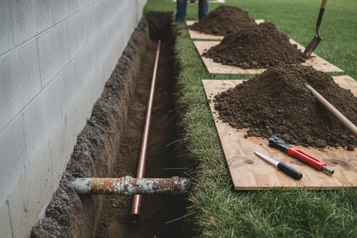 Excavated water line trench during Water Heater Repair in Keymar